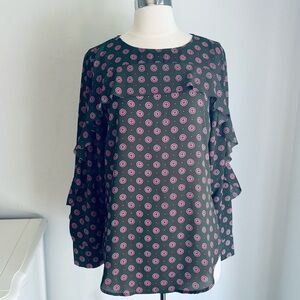 Banana Republic Ruffle Long Sleeve Blouse in Olive Green Pink Medallion Dots, S